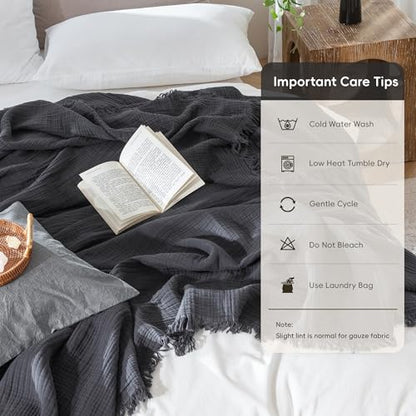 MooMee 100% Cotton Muslin Blanket, Fringed 4-Layer Gauze Bed Couch Throw | Soft Breathable Lightweight Thin Coverlet Summer Blankets for Adults, Bed & Couch All Seasons, Dark Grey, 66" x 90" - color: Dark Grey, size: Twin XL