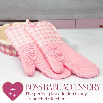 Paris Hilton Oven Mitt Set with Limited Edition Pink Gingham Design, Heat Resistant Pot Holders Featuring Non-Slip Textured Silicone Grips, 2-Piece Set, Pink - style: Pink Gingham