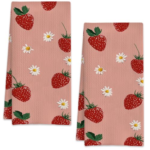 Strawberry with Flowers Hand Towels for Bathroom Set of 2,Soft Absorbent Waffle Weave Kitchen Towels Dish Towel,Decorative Bathroom Towel for Kitchen Yoga Home Decor 16X24 Inch - color: Strawberry With Flowers