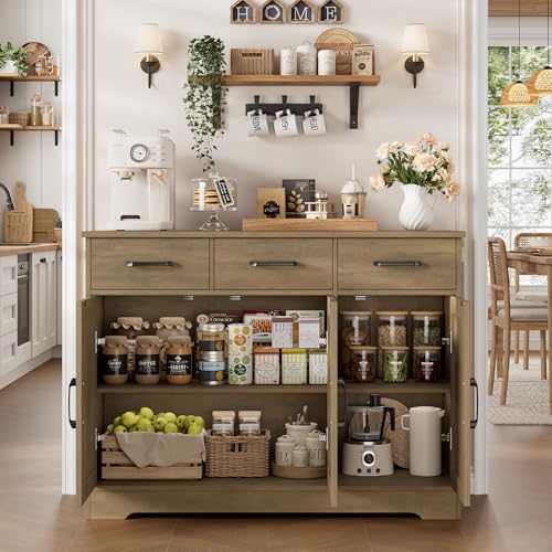 HOSTACK Kitchen Buffet Cabinet with Storage, Sideboard Coffee Bar, Brown | Farmhouse Kitchen Storage Cabinet with 3 Drawers & Adjustable Shelf, 42.5"W Buffet Table for Dining Living Room - color: Rustic Brown