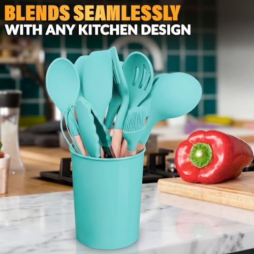 Teal Kitchen Utensils Set with Holder, 12 Pcs, Wooden Handle | BBQ Cooking Utensils that Bake, Serve, Mix & Flip; Silicone Heads Stay Non-Scratch on Nonstick Pots & Pans; Housewarming Gift - color: Teal