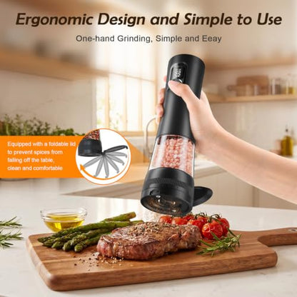 Flelano Electric Salt and Pepper Grinder Set, Automatic Refillable Salt and Pepper Shakers 2-Speed Setting with LED Light and 5 Adjustable Coarseness,Practical and Convenient Kitchen Gadgets,All-Black - color: All-Black