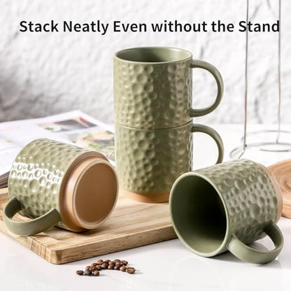 Nihow 16 Oz Ceramic Coffee Mug Set of 4 with Stackable Stand,Matte Green | Stackable, Stainless Stand Included, Cappuccino & Tea, Hot/Cold Drinks, Dishwasher & Microwave Safe - color: Matte Green, size: 16 oz With Stand