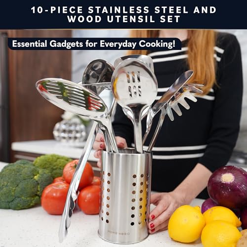 Home Hero 10-Piece Stainless Steel Kitchen Utensil Set with Wooden Handle | Ergonomic Wood Handle Stainless Steel Kitchen Utensils - Rust-Resistant, Nonstick Safe with Storage Holder (10-Piece) - size: 10 pieces