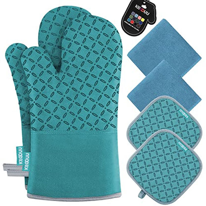 KEGOUU Oven Mitts and Pot Holders 6pcs Set, Kitchen Oven Glove High Heat Resistant 500 Degree Extra Long Oven Mitts and Potholder with Non-Slip Silicone Surface for Cooking (Lake Blue) - color: Lake Blue