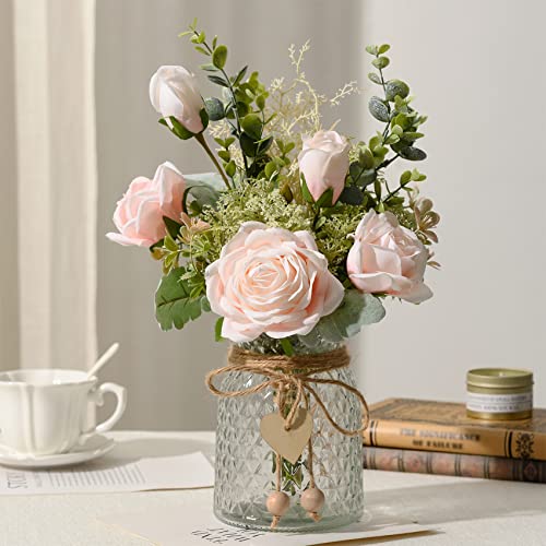 YJ Fake Flowers with Vase, Artificial Flowers Silk Roses Flower Bouquet in Vase, Faux Flower Arrangements,Farmhouse Table Decor,Table Decorations for Living Room,Coffee Table Decor(Pink) - color: Light Pink