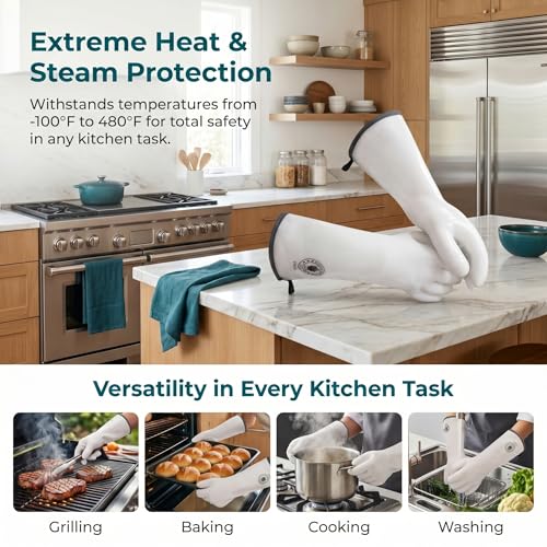 Silicone Oven Gloves, Heat Resistant Kitchen Oven Mitts, 1 Pair(9) | Food Grade, Waterproof, Easy Clean, Great for Sourdough Baking, Kitchen Cooking, Grilling, Smoking, Frying, BBQ - color: White Standard, size: 9/L