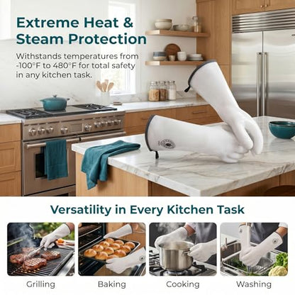 Silicone Oven Gloves, Heat Resistant Kitchen Oven Mitts, 1 Pair(9) | Food Grade, Waterproof, Easy Clean, Great for Sourdough Baking, Kitchen Cooking, Grilling, Smoking, Frying, BBQ - color: White Standard, size: 9/L