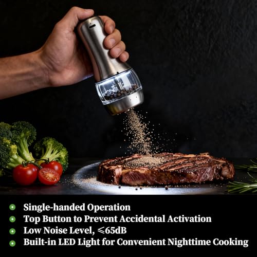 Electric Salt and Pepper Grinder Set - Larger Capacity Pepper Mill | Stainless Steel Automatic Salt and Pepper Shakers - 5 Adjustable Coarseness Rechargeable Pepper Grinder with LED Light