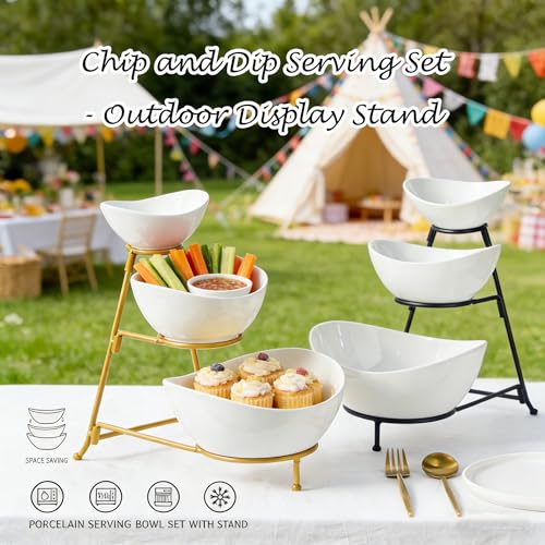 Gomakren 3 Tiered Serving Bowl Set, Chip and Dip Serving Set with Stand | Multi-Capacity Porcelain Bowls Holiday Party Display | Stable Serving Tray, Easy Store | for Fruit Appetizer Entertaining - color: Black Stand