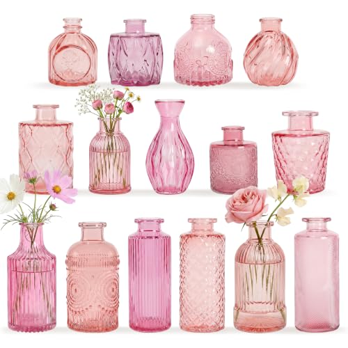 15 Pcs Pink Glass Bud Vases Bulk, Vintage Small Flower Vase Set with Relief Designs, Aesthetic Mini Decorative Vases for Wedding Table Centerpieces, Blush Pink Romance, Home Decor - color: Pink Series, size: 15Pcs