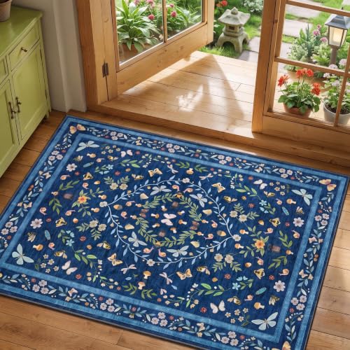 GarveeHome 2x3 Washable Doormat Low Pile Folral Kitchen Rugs Soft Bug Rug | Vintage Small Entry Rug Foldable Stain Resistant Soft Indoor Carpet for Bedroom Hallway Kitchen Floor, Blue - color: Blue, size: 2'x3' (Rectangular)