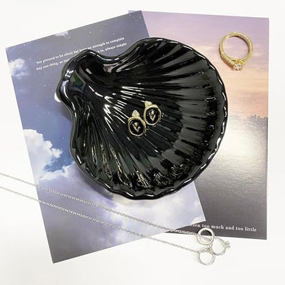 Shell Shape Ring Holder Dish, Seashell Jewelry Dish Tray, Ceramic Trinket Tray for Rings Earrings Necklaces Bracelet, Birthday Mother's Day Christmas Gift for Mom Friend Sister, 3.9", Black - color: Black