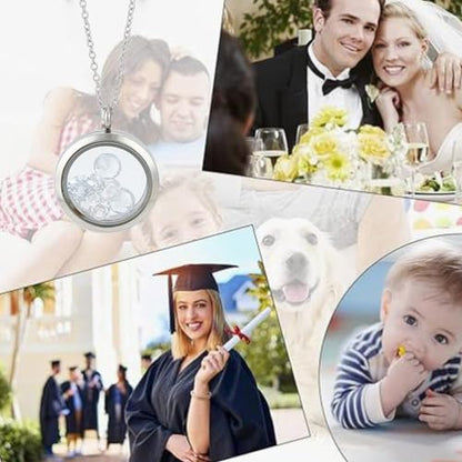 4pcs Photo Locket Charms Necklace Round Stainless Steel Locket Pendants Crystal Double-Sided Picture Frame Memory Locket Charm with 17.7inch Chain for Wedding Jewellery Making Photo - color: Silver A