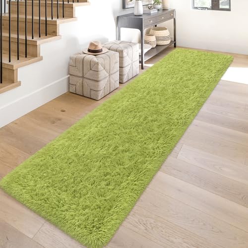 2x10 Bedside Area Rugs for Bedroom Soft Fluffy Shag Green Rug for Hallway Non-Slip Fuzzy Plush Living Room Rug Indoor Floor Carpet for Kids Rooms Dorm Nursery Modern Home Aesthetic Decor - color: Grassgreen, size: 2' x 10' (Runner)