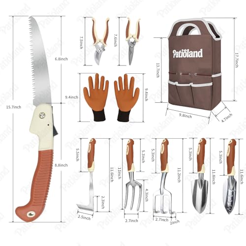 Brown Garden Tools Set 10-Piece, Gardening Gifts for Women Men | Aluminum, Heavy Duty Gardening Hand Tools With Non-Slip Ergonomic Handles, Gloves, Organizer Tote Bag, Garden Starter Kit - color: brown-10pcs