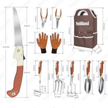 Brown Garden Tools Set 10-Piece, Gardening Gifts for Women Men | Aluminum, Heavy Duty Gardening Hand Tools With Non-Slip Ergonomic Handles, Gloves, Organizer Tote Bag, Garden Starter Kit - color: brown-10pcs