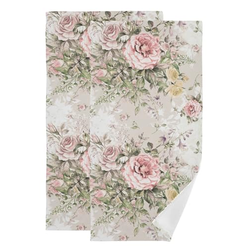 2 Pack Pink Rose Floral Hand Towels for Bathroom,Absorbent Shabby Chic Peony Flower Bouquet Green Leaves Fingertip Guest Decorative Bath Towels,Soft Dish Towels for Kitchen Decor 14"x28" - color: Pink