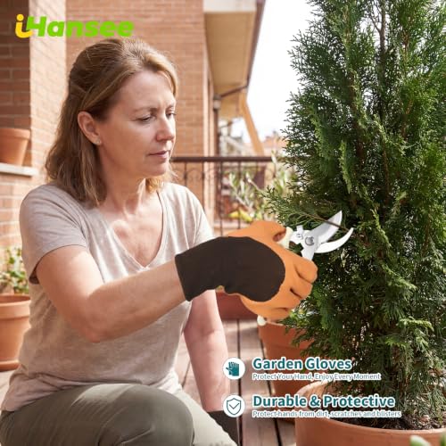 Brown Garden Tool Sets, Aluminum Gardening Hand Tool Kit 4-Piece | Transplant Trowel, Hand Rake, Curved Pruner with Ergonomic Handle, Garden Gloves, Gardening Gift for Men Women Plant Lover - color: brown-4pcs