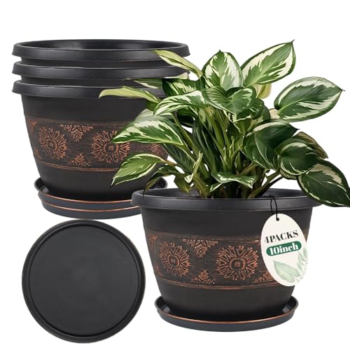 10 Inch Retro Plant Pots 4 Pack with Drainage and Saucers Copper | Copper retro PP pots with drainage holes and saucers for herbs flowers succulents indoor patios porches and balconies - color: Copper, size: 10 Inches-4 packs