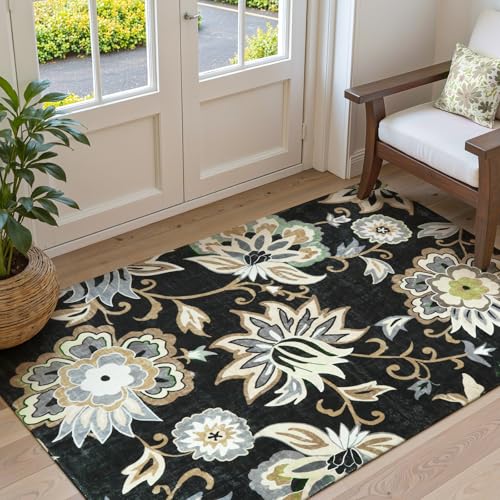 Lahome Floral Washable Living Room Area Rug - 3x5 Non-Slip Low-Pile Rugs for Entryway, Throw Small Stain Resistant Kitchen Rugs Soft Black Paisley Print Carpet for Office Bedroom Laundry Room Office | Low-Pile Small Stain Resistant Kitchen Rug, Soft Black