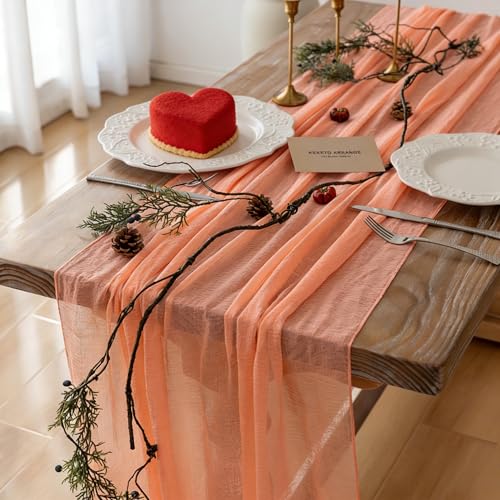 6Pcs Coral Peach Cheesecloth Table Runner 120 Inches for Party Home Decor | For Wedding Baby Shower Bridal Shower Birthday Engagement Party 10FT Rustic Boho Home Decorations - color: Coral Peach, size: 35"x120"(Pack of 6)