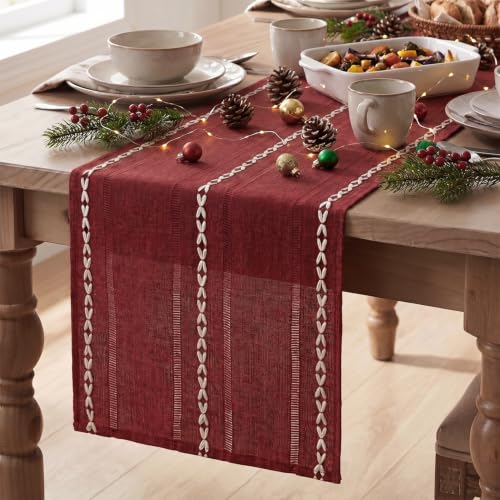 Artoid Mode Red Rustic Cotton Linen Christmas Table Runner, Seasonal Embroidered Hollow Kitchen Dining Table Decoration for Home Party Decor 13x36 Inch - color: Red, size: 13" x 36"