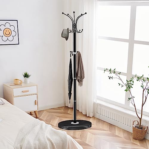 ZOZOE Metal Coat Rack Stand, Modern Coat Rack Freestanding with Natural Marble Base, 360° Rotary Design Coat Racks with 14 Hooks, Black Coat Tree Hanger Stand for Bags, Hats, Entryway, Office - color: Black 14 Hooks