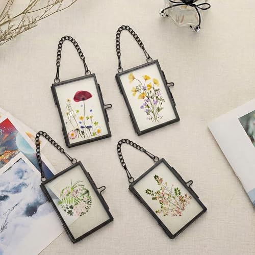 4 Pcs Pressed Flower Frame with Tweezers, Wall Hanging Tabletop Display Double Glass Frames with Metal Chain for Pressed Dried Flowers Plants, Horizontal and Vertical Picture Frame, Black, FRAMES ONLY - color: Balck-4