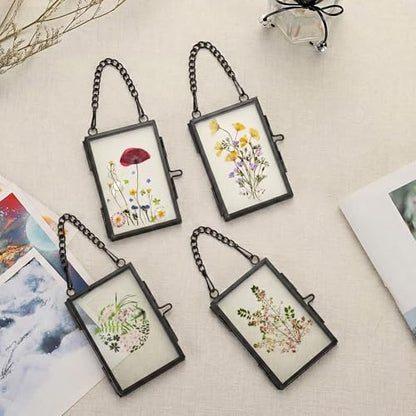 4 Pcs Pressed Flower Frame with Tweezers, Wall Hanging Tabletop Display Double Glass Frames with Metal Chain for Pressed Dried Flowers Plants, Horizontal and Vertical Picture Frame, Black, FRAMES ONLY - color: Balck-4
