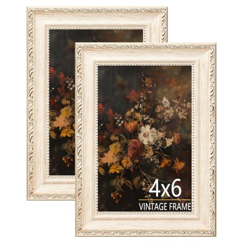 4x6 Picture Frame, 4 x 6 Photo Frame with Wood Grain Texture and Gold Floral Beaded Details, Cream Ivory Poster Frame with HD Acrylic Glass for Tabletop or Wall Display - 2 Pack - color: Cream Ivory, size: 4x6 - 2 Pack