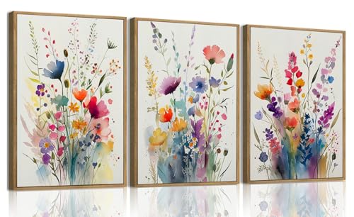 KISSFOX 3 Piece Colorful Wildflower Botanical Framed Wall Art Watercolor Floral Canvas Art Prints Boho Flower Pictures Wall Decor Modern Minimalism Paintings Artwork Girls Bedroom Living Room Bathroom - color: Colorful, size: 12x16 In Natural Framed