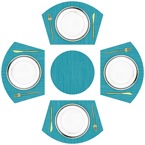 SHACOS Large Size Wedge Placemats with Centerpiece Set of 5, PVC Woven Vinyl Place Mats for Round Table Washable Indoor Outdoor Table Placemats, Blue - color: Blue