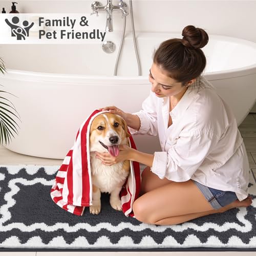 Findosom Bathroom Rugs Sets 5 Piece, Absorbent Soft Non-Slip Bath Rug Set | Washable Microfiber Shaggy Bath Mat Set with Bathroom Runner Rug, U-Shaped Toilet Rugs, Shower Rug&Toilet Lid Cover,Dark Gray - color: Dark Gray & White, size: 18"x26"+20"x32"+20"