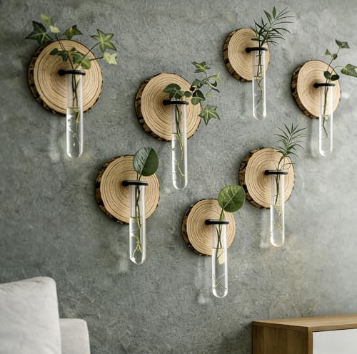 Wall Mounted Test Tube Vase with Natural Wood Slice Base, Hanging Propagation Station for Plants, Rustic Boho Home Decor (6pc Multicolor) - color: 6pc Multicolor
