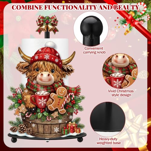 Highland Cow Christmas Paper Towel Holder with Round Base Christmas Bathroom Decor Rustic Highland Cow Dispenser Kitchen Paper Holder Stand for Countertop Toilet Home Accessories - style: Gingerbread Christmas