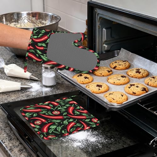 Red Chili Peppers Silicone Oven Mitts and Pot Holders,Heat-Resistant 4 Piece Kitchen Set Non-Slip Oven Gloves and Hot Pads for Cooking, Baking, Grilling,BBQ - color: Red Chili Peppers