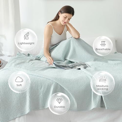 EGOHOME Cotton Two-Tone Check Pattern Waffle Blanket Queen Size | Light Blue/White, 90"x90", Lightweight, Soft & Breathable for Bed, Couch, Sofa, All Seasons - color: Blue/White, size: Queen