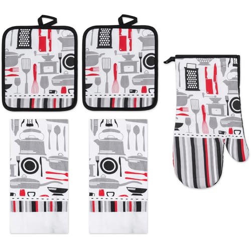 5 Piece Kitchen Tools Printed Kitchen Linen Set, 2 Cotton Towels, 2 Potholders, 1 Oven Mitt with Hanging Loop, 100% Cotton Material on Front & Polyester Backing, Perfect Kitchen Accessory - color: Kitchen Tools