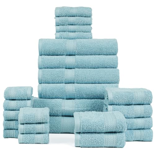 HILLFAIR 24 Piece Bath Towels Set for Bathroom- 100% Cotton 24 PC Bulk Pack Hotel Spa Towel Set- 2 XXL Oversized Big Towels, 4 Bath Towels, 6 Hand Towels, 4 Fingertip Towels, 8 Washcloths: Ocean Blue - color: Ocean Blue, size: 24 PC Bath Towel Family Set