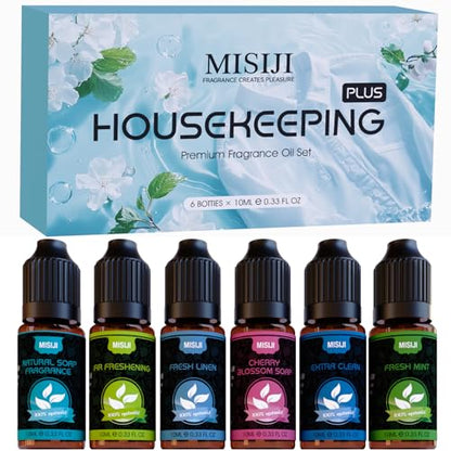 Housekeeping Essential Oils Set for Diffuser,Pure Aromatherapy Oil for Diffuser,Candle Making,Natural Soap Scent,Cherry Blossom Soap,Fresh Mint,Fresh Linen,Air Freshener,Extra Clean - color: Sky Blue