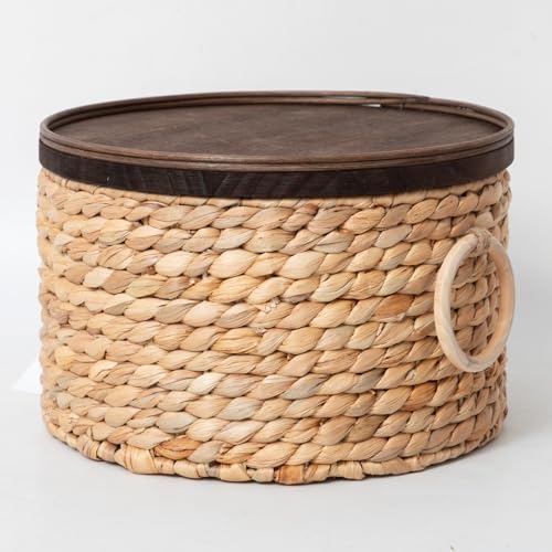 Water Hyacinth Storage Basket with Wood Lid - Handwoven Round Shelf Basket for Organizing, Rustic Woven Basket with Handle (Set of 3) for Living Room,bed room,Closet,Kitchen&Pantry