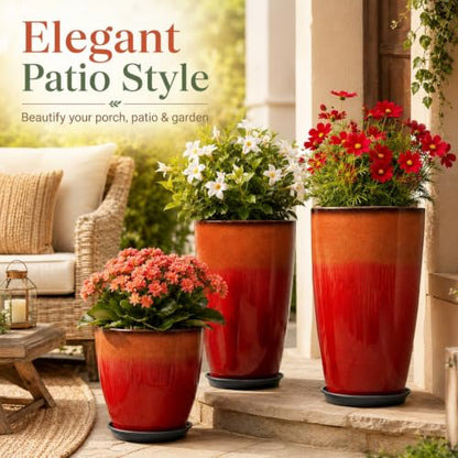 Neoaider Set of 3 Tall Planter, 24/21/12in Large Plastic Planter, Firey Red | Ceramic-Look, Lightweight, Built-in Drain Hole, Saucers, Tall Outdoor Planter for Porch, Garden, Patio, Balcony - color: Fiery Red