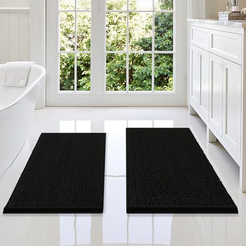 Smiry Chenille Bathroom Rugs Sets 2 Piece (34x21+30x20, Black) | Soft Absorbent Machine Washable Non Slip Shaggy Bath Rug Set for Tub, Shower, and Floor, Home Decor - color: Black, size: 34"X21"+30"X20"