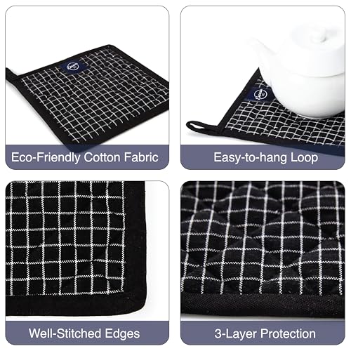 Encasa XO Pot Holders, Quilted Kitchen Hot Pads 8"x8" Butcher Checks Black | 100% Eco-Friendly Cotton | Thick Cotton Padding Insulation | Convenient Hanging Loop | Set of 2 - color: Butcher Checks Black