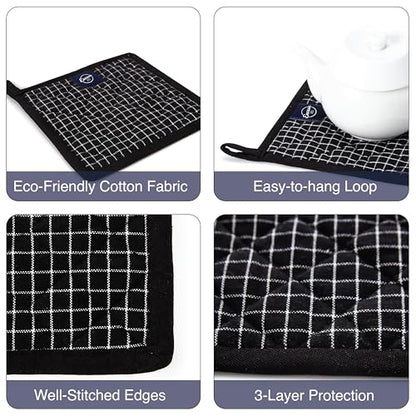 Encasa XO Pot Holders, Quilted Kitchen Hot Pads 8"x8" Butcher Checks Black | 100% Eco-Friendly Cotton | Thick Cotton Padding Insulation | Convenient Hanging Loop | Set of 2 - color: Butcher Checks Black