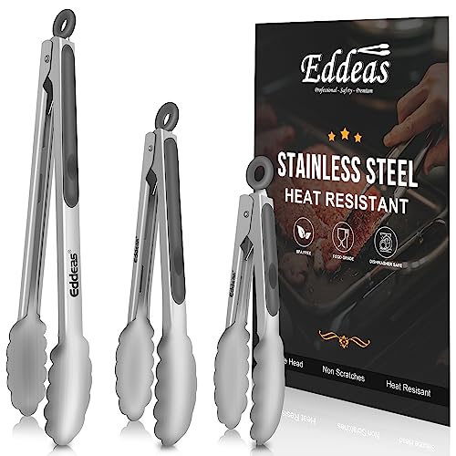 EDDEAS Tongs For Cooking - Heat Resistant 600 Degrees Stainless Steel Kitchen Tong,Heavy Duty Metal Locking Tongs - Perfect for Food, BBQ set of 3 (7",9" and 12") Grey - color: Grey 3Pcs, size: 7+9+12 inch