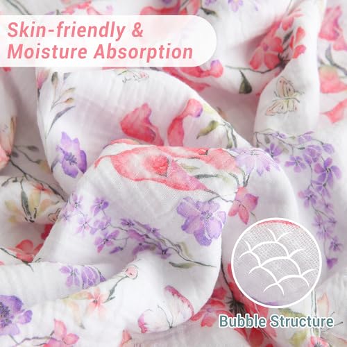Viviland Cotton Muslin Reversible Fleece Blanket Lightweight Breathable Gauze Queen Size 90 x 90 Inches Pink Purple Flowers - color: Pink Purple Flowers, size: Queen Size (90 X 90 Inches)