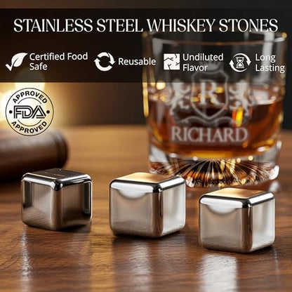 Custom Monogram Whiskey Gift Set, Glass Coaster Stones Wood Box for Him | Personalized Name, Leather Coaster, Stainless Steel Stones, Gift For Men, Husband Present, Dad Idea, Groomsmen Gift