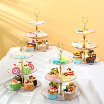 Teenyyou 16 Pack 3 Tier Cupcake Stand Bulk Tiered Dessert Stand Thick Plastic Serving Tray with Gold Edges Dessert Table Display Set Tea Cake Holder for Wedding Birthday Party (Clear) - color: Clear